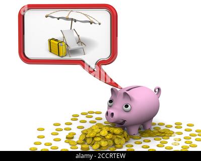 Money for the vacation. Pig piggy bank dreaming about vacation. Isolated. 3D Illustration Stock Photo