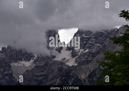 Clouds hangin over the Forcella del Cristallo Stock Photo