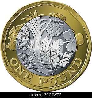 Vector British money gold coin one pound new 12-sided design with English rose, leek for Wales, Scottish thistle and shamrock for Northern Ireland Stock Vector