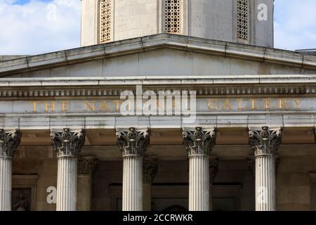 Front signage of The National Gallery art museum and collection on Trafalgar Square, London, England, UK Stock Photo