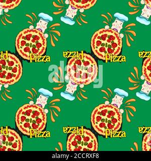 seamless pattern of cartoon pizza chef eating on green background. Vector image Stock Vector