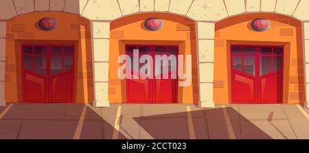 Fire station garage doors with signaling, gates box for truck. Municipal emergency department hangars front view, firehouse building with close red gateways and brick wall, Cartoon vector illustration Stock Vector