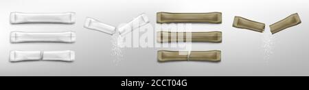 Sugar sticks blank white and brown whole new and used torn in half sachets for salt, instant coffee or candy wrapper, isolated pouches product packaging mockup, realistic 3d vector illustration set Stock Vector