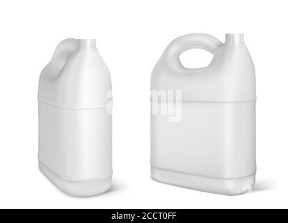 Plastic canisters, white jerrycan bottles isolated on white background. Engine oil, car lubricant or gasoline additive blank container. Detergent product design element, realistic 3d vector mockup Stock Vector