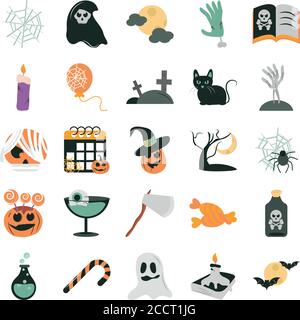 happy halloween, trick or treat party celebration flat icons set vector illustration Stock Vector