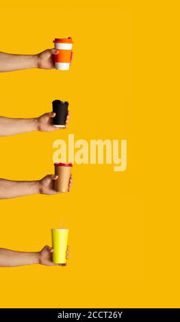 Collage with young man holding different cups with takeaway drinks on orange background, blank space Stock Photo