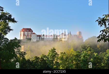 Castle of Vranov nad Dyji in Moravia, Czech Republic on a misty morning Stock Photo