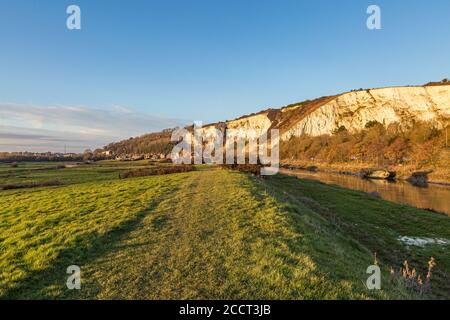Winter late afternoon light reflecting on the chalk cliffs, in Lewes, Sussex Stock Photo