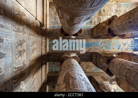 Outer hypostyle hall of Temple of Hathor, the decorated ceiling showing Osiris, with Nephtys and Isis on a ship Stock Photo