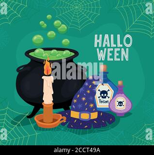 Halloween witch bowl hat candle and poisons with spiderwebs frame design, Holiday and scary theme Vector illustration Stock Vector