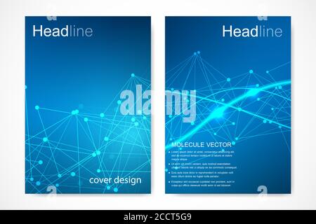 Scientific brochure design template. Vector flyer layout, Molecular structure with connected lines and dots. Scientific pattern atom DNA with elements Stock Vector