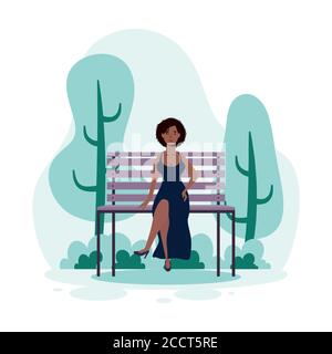 young afro woman casual seated in the park chair avatar character vector illustration design Stock Vector