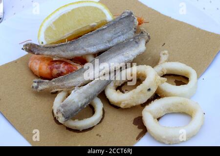 Fish fry dish. Squid, cod, shrimp. Italian typical food Stock Photo