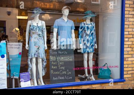 Windsor, Berkshire, UK. 12th July, 2020. The Cancer Research charity shop in Windsor has reopened for business following the Coronavirus lockdown and are now looking for volunteers to help in their shop. Credit: Maureen McLean/Alamy Stock Photo