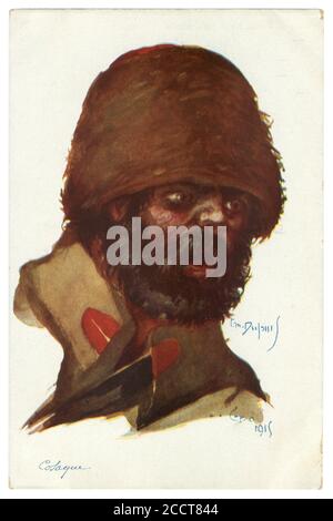 French historical postcard: caricature portrait of a bearded Cossack in a high fur hat. Cavalryman of the Imperial Russian army, first world war, 1915 Stock Photo
