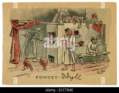 German historical postcard: 'Soviet idyll'. A caricature of a large family with children inside a hut, near a Russian stove, The Soviet Union, 1941 Stock Photo