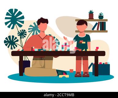 dad and son play together in the constructor. flat design. illustration of a man and a boy in a cozy interior with potted flowers, furniture and children s toys. Vector image of a family for father s day. Time with children at home Stock Vector