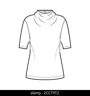 Top technical fashion illustration with elegant draped neckline, short sleeves, oversized, back button-fastening keyhole. Flat blouse apparel template front white, color. Women men unisex shirt CAD Stock Vector