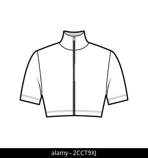 Zip-up cropped turtleneck jersey sweater technical fashion illustration with short sleeves, close-fitting shape. Flat outwear jumper apparel template front white color. Women men unisex shirt top CAD Stock Vector