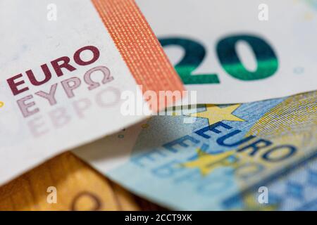 Close-up view on euro bank notes with the word "euro" Stock Photo