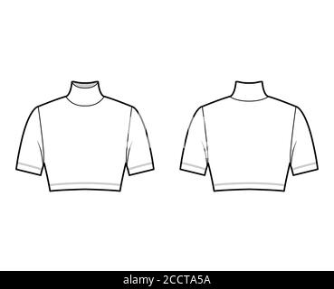 Cropped turtleneck jersey sweater technical fashion illustration with short sleeves, close-fitting shape. Flat outwear jumper apparel template front back white color. Women men unisex shirt top mockup Stock Vector