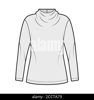 Top technical fashion illustration with elegant draped neckline, long sleeves, oversized, back button-fastening keyhole. Flat blouse apparel template front, grey color. Women men unisex shirt CAD Stock Vector