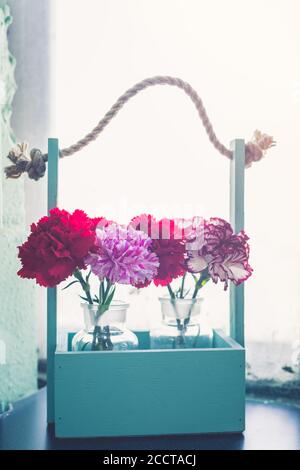 Multicoloured carnations in a woodex box, toned vintage Stock Photo