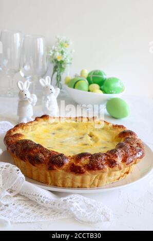 Traditional romanian Easter cake with cheese - Pasca. Easter decorations. Closeup. Selective focus. Stock Photo