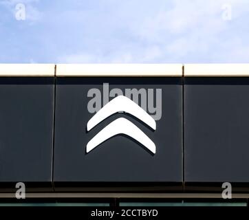 Ankara, Turkey: Citroen logo on a panel of a dealer. Citroen is a major french automobile manufacturer, part of the Peugeot Citroen group since 1976 Stock Photo