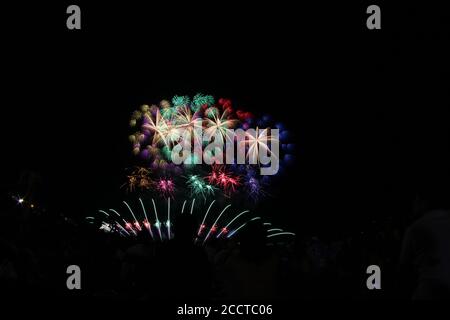 Colorful wide fireworks in kashiwazaki Stock Photo