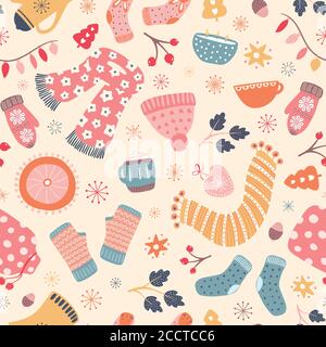 Autumn Hygge pattern design . Vector winter and Fall seamless repeat. Stock Vector