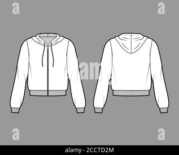 Zip-up cotton-fleece hoodie technical fashion illustration with relaxed fit, long sleeves, ribbed trims. Flat jumper apparel template front, back, white color. Women, men, unisex sweatshirt top mockup Stock Vector