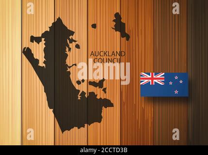 Map of Auckland Council and Flag of New Zealand. Auckland council is the local government council for the Auckland Region in New Zealand, on a wooden Stock Photo