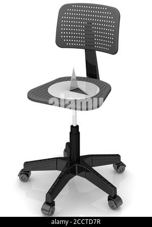 Thumbtack lying on an office chair. A large and sharp thumbtack lying on an office chair. 3D illustration Stock Photo