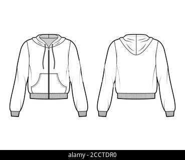 Zip-up cotton-fleece hoodie technical fashion illustration with relaxed fit, long sleeves, ribbed trims, front pocket. Flat jumper template front, back, white color. Women, men, unisex sweatshirt top Stock Vector