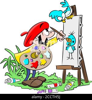 Cartoon artist working on a canvas painting a picture of his blue bird friend vector illustration Stock Vector