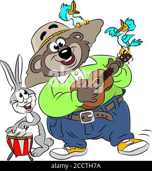 Cartoon bear and rabbit making music together vector illustration Stock Vector