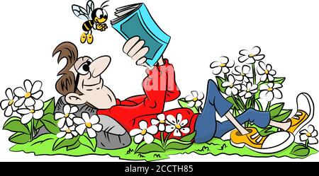 Cartoon man lying on grass reading a book vector illustration Stock Vector