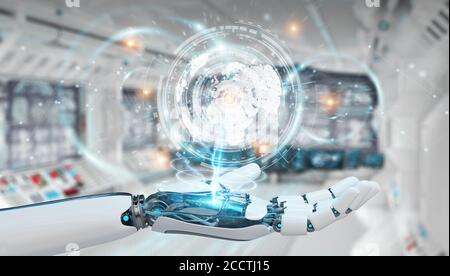 White cyborg hand on blurred background using digital datas interface 3D rendering Stock Photo
