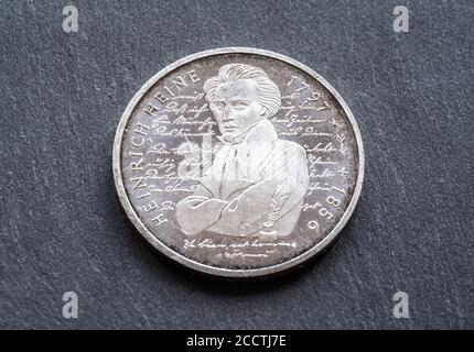 German circulated silver memorial Heinrich Heine 10 DM discontinued Deutsche Mark coin, dated 1997 and slightly soiled, Germany, Europe Stock Photo