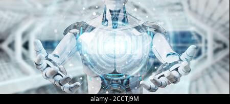 White male humanoid on blurred background using digital global network 3D rendering Stock Photo