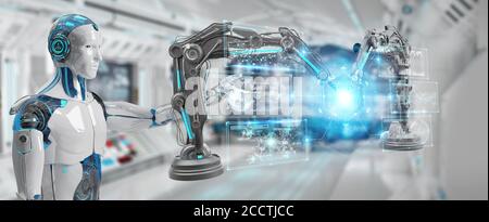 White man robot on blurred background using robotics arms with digital screen 3D rendering Stock Photo