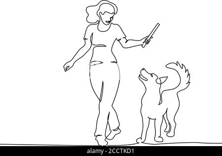 Woman training dog with stick. Continuous one line art drawing style. Owner playing with cute dog on walk. Black linear sketch isolated on white background. Vector illustration Stock Vector