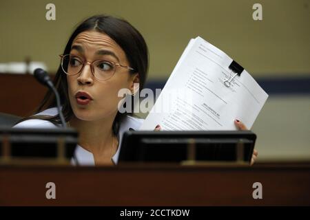 Washington, United States. 24th Aug, 2020. Rep. Alexandria Ocasio-Cortez, D-N.Y., questions Postmaster General Louis DeJoy during the House Oversight and Reform Committee hearing on slowdowns at the Postal Service ahead of the November elections on Capitol Hill in Washington, DC on Monday, August 24, 2020. Pool Photo by Tom Williams/UPI Credit: UPI/Alamy Live News Stock Photo