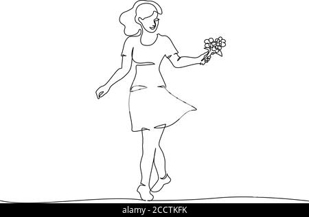 Woman walking with flowers in hand. Continuous one line art drawing style. Black linear sketch isolated on white background. Vector illustration Stock Vector