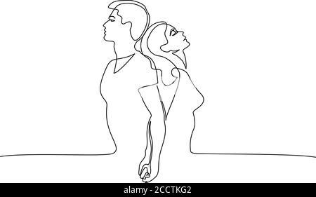 Loving couple woman and man standing back to back. Continuous one line art drawing style. Black linear sketch isolated on white background. Vector illustration Stock Vector
