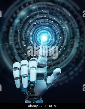 White humanoid hand on blurred background using digital global network 3D rendering Stock Photo