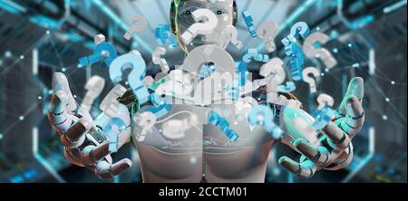 White robot on blurred background using digital question marks 3D rendering Stock Photo