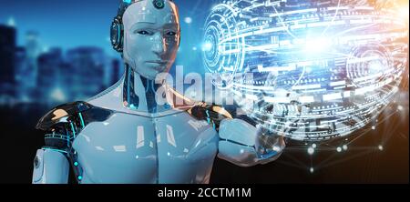 White male robot on blurred background using digital globe hud interface 3D rendering Stock Photo