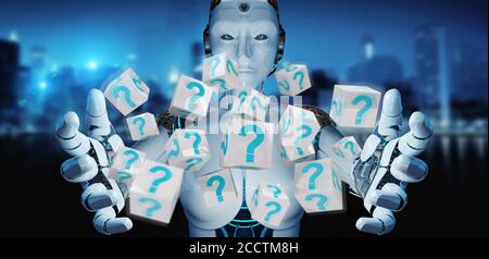 White robot on blurred background using digital question marks 3D rendering Stock Photo